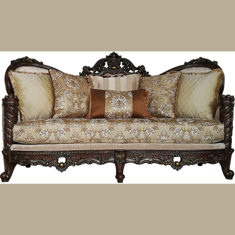 Traditional European Hand Carved Teak Wood 3-Seater Sofa Elegant Wooden Living Room ( Brown )