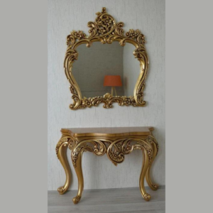 Hand Carved Antique Look Solid Teak Wood Console Table With Mirror ( Golden )