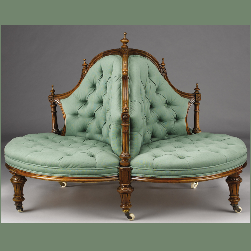 Victorian Roundabout Conversation Tufted Carved Teak Wood Sofa Chair