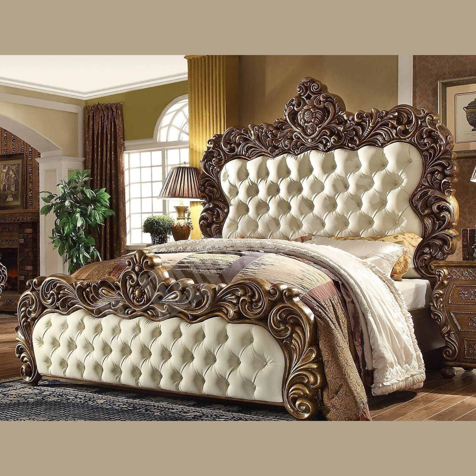 Majestic Teak Wood King Size Bed with 2 Side Tables, 1 Dressing Table, and Mirror Elegant Golden Finish Luxury Bedroom Furniture Set - Image 3