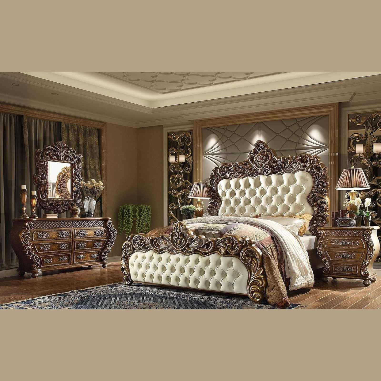 Majestic Teak Wood King Size Bed with 2 Side Tables, 1 Dressing Table, and Mirror Elegant Golden Finish Luxury Bedroom Furniture Set - Image 2
