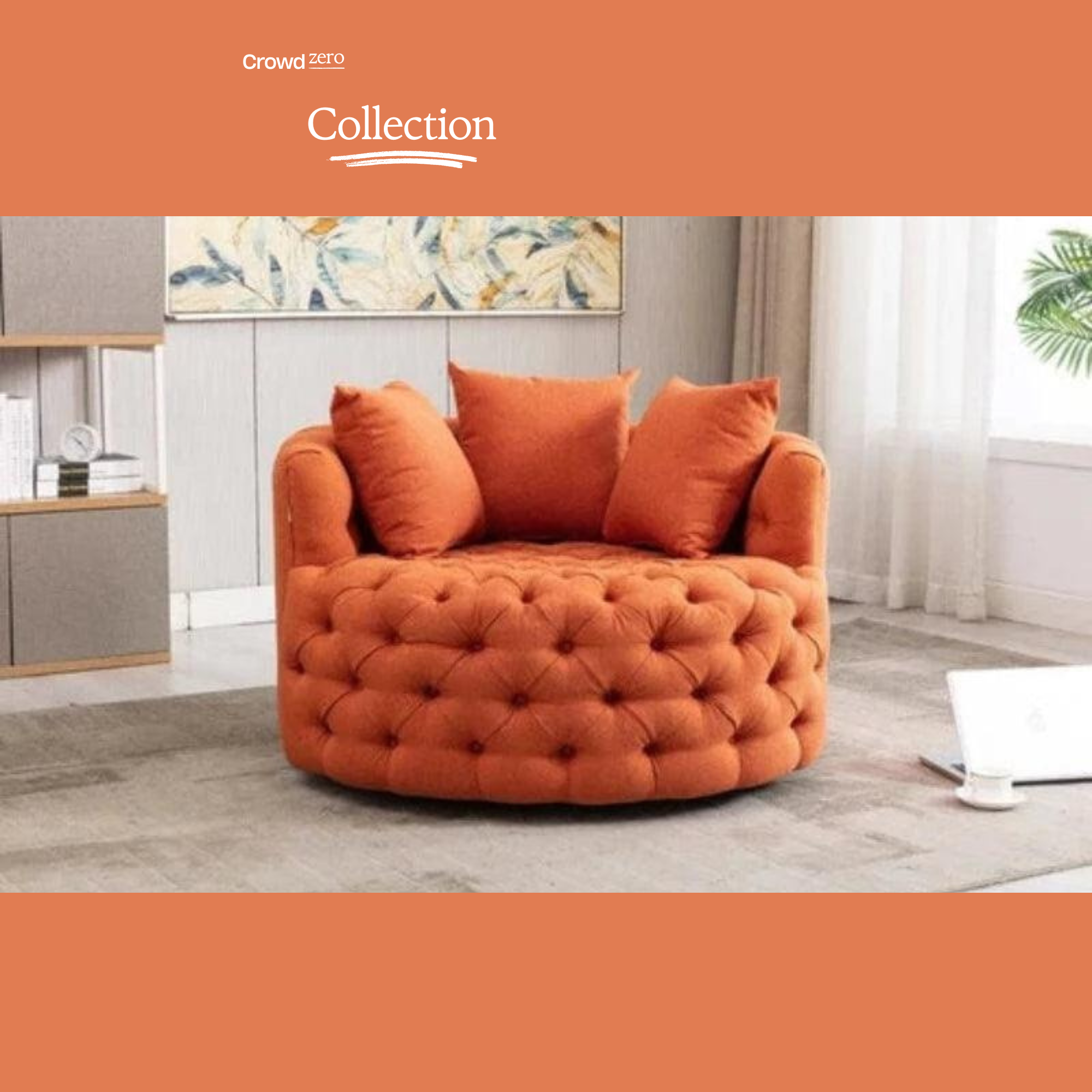 Barrel Button Tufted Design Modern Round Sofa For Living Room with 3 Pillows ( Orange)