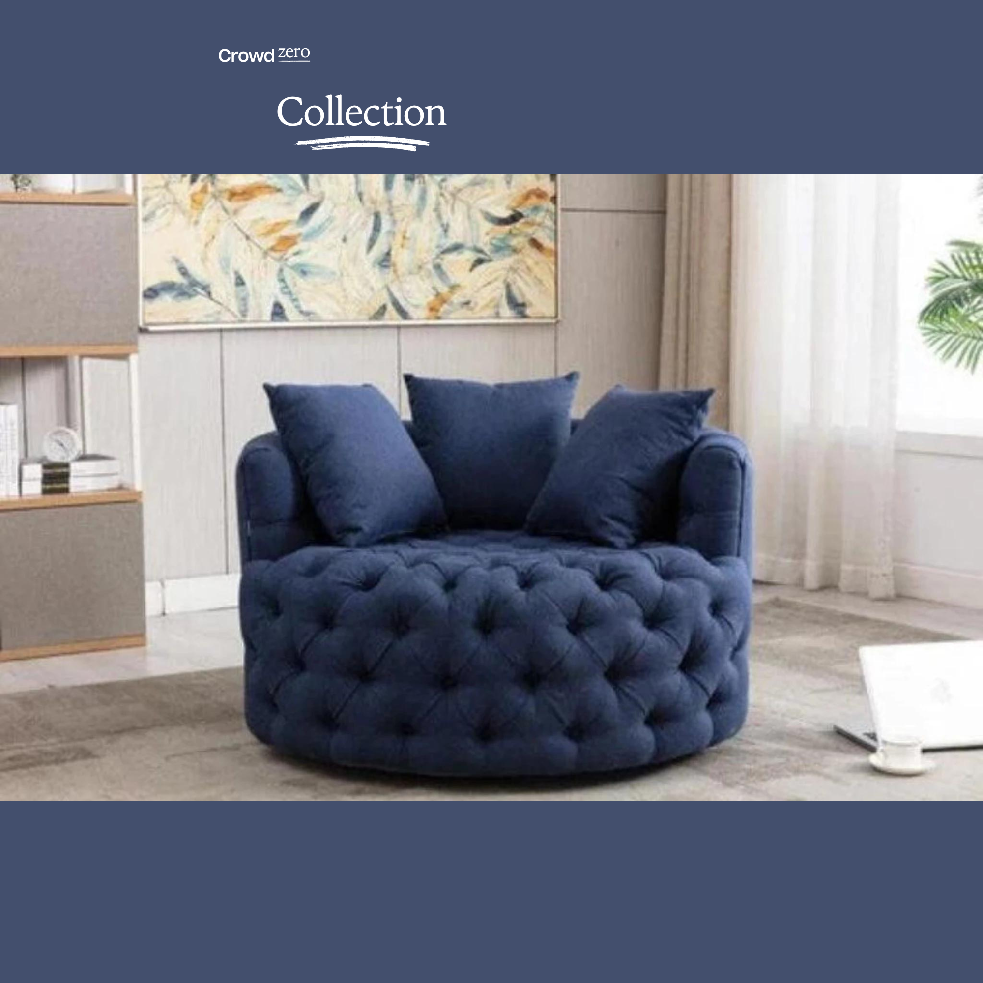 Barrel Button Tufted Design Modern Round Sofa For Living Room with 3 Pillows ( Blue )