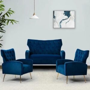 Wooden Square Arm Loveseat Wing Back Chair Set 2+1+1 with Metal Legs ( Blue )