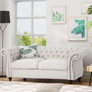 Graceful 2-Seater Velvet Fabric Button Tufted Rolled Arm Chesterfield Sofa ( Beige )