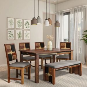 4 Seater Dining Table with 4 Cushion Chairs 1 Bench With Natural Finish