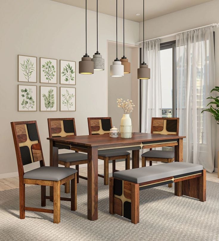 4 Seater Dining Table with 4 Cushion Chairs 1 Bench With Natural Finish