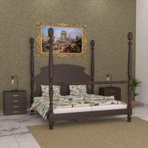 Classic French Royal Hand Carved Teak Wood Poster Bed with 2 Bedside Tables Elegant Vintage Style Bedroom Set