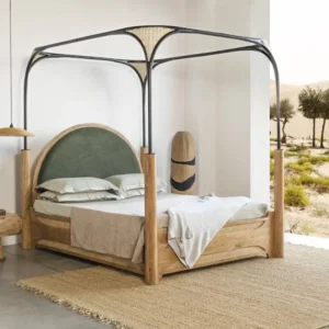 Rattan Cane Webbing Royal Handmade Teak Wood Upholstery Poster Bed ( Natural & Black )