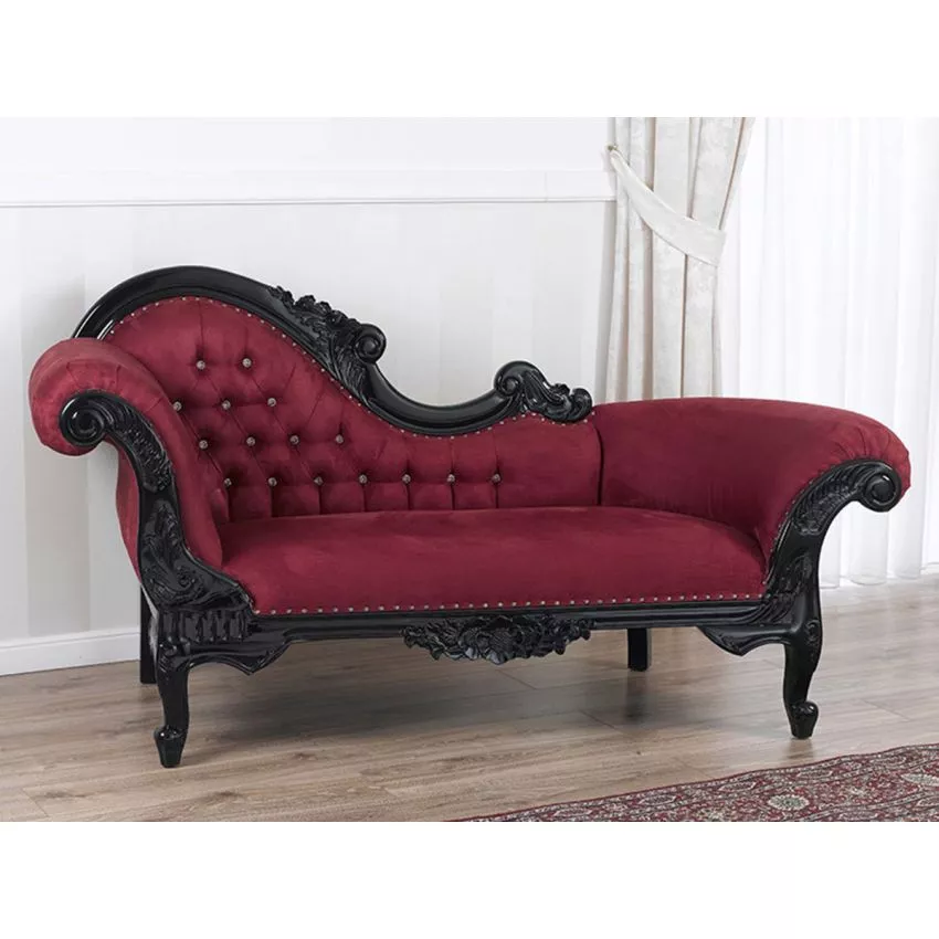 Baroque Style Hand Carved Button Tufted Teak Wood 3-Seater Chaise Longue Black Finish ( Maroon )