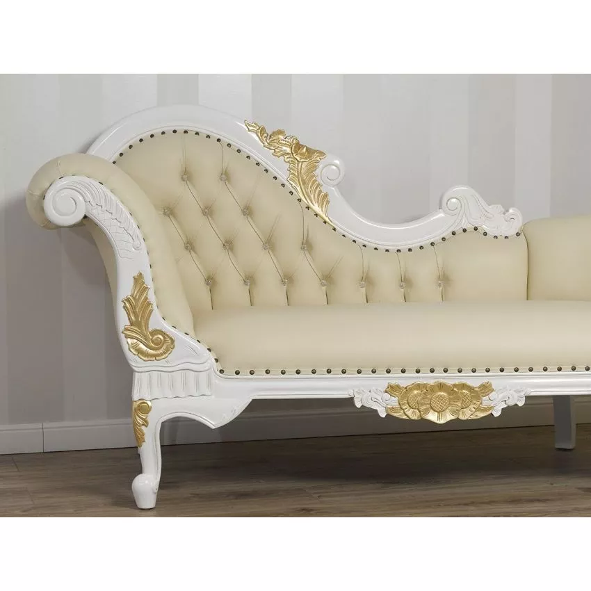 Baroque Style Hand Carved Button Tufted Teak Wood 3-Seater Chaise Longue Ivory Finish ( Golden Leaf ) - Image 4
