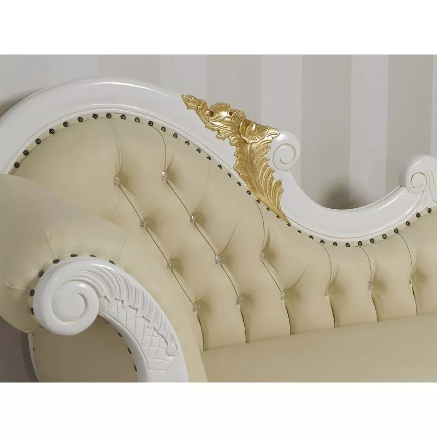 Baroque Style Hand Carved Button Tufted Teak Wood 3-Seater Chaise Longue Ivory Finish ( Golden Leaf ) - Image 3
