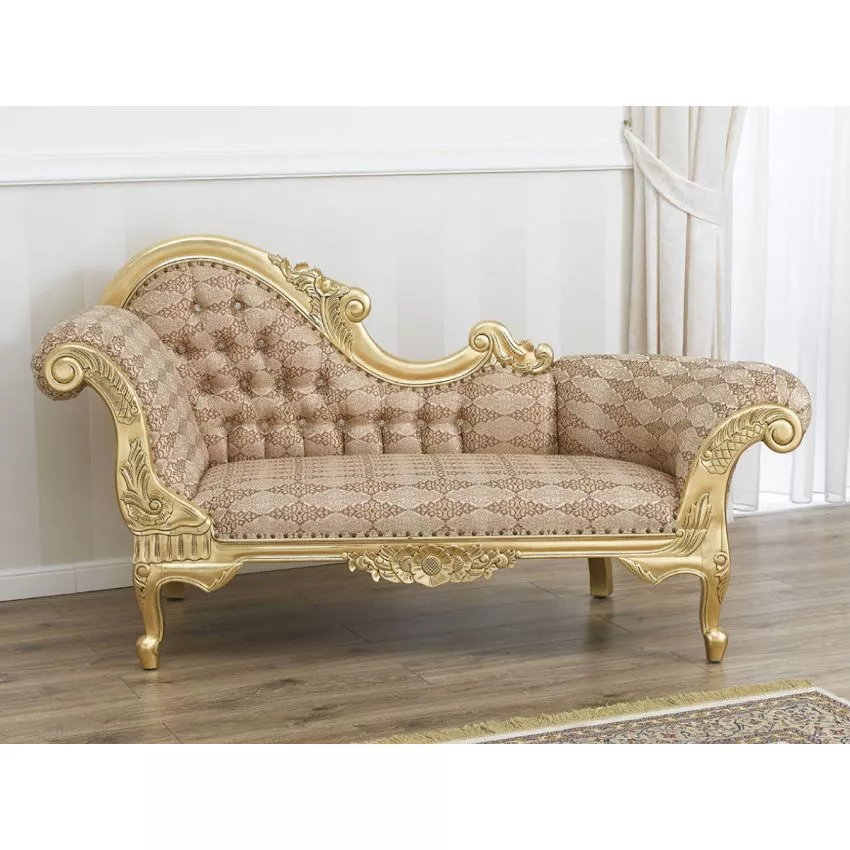 Baroque Style Hand Carved Button Tufted Teak Wood 3-Seater Chaise Longue Gold Leaf Damask Fabric