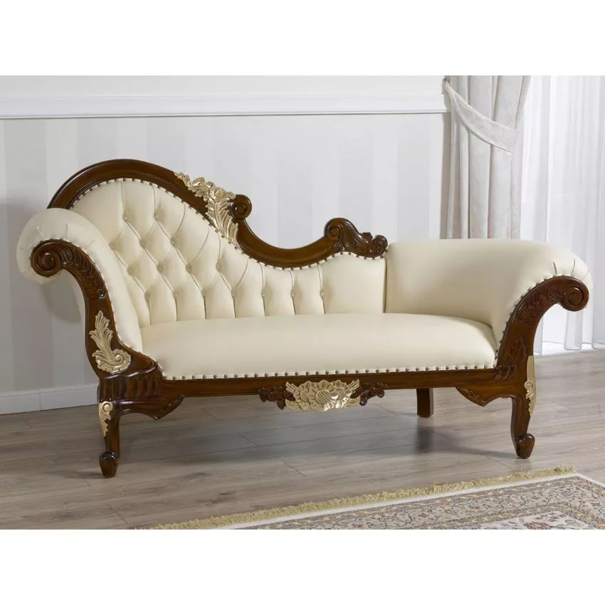 Baroque Style Hand Carved Button Tufted Teak Wood 3-Seater Chaise Longue Walnut Finish ( Golden Leaf )