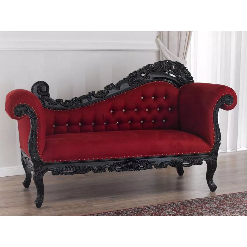 Alejandra Hand Carved Teak Wood 3-Seater Chaise Longue Sofa Black Leaf ( Red )