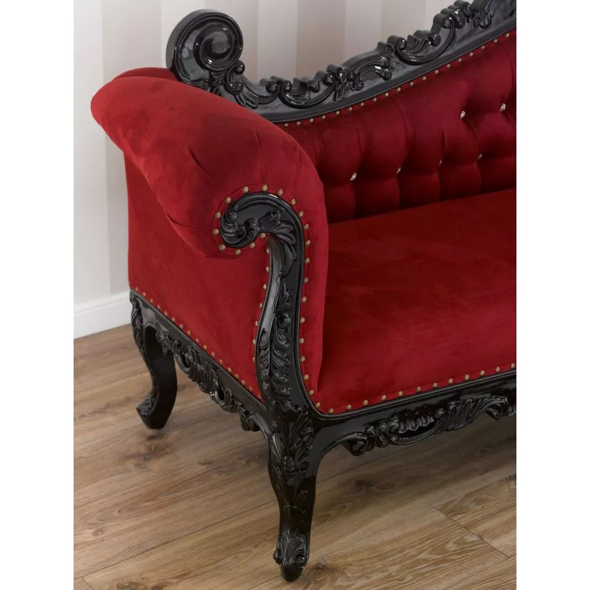 Alejandra Hand Carved Teak Wood 3-Seater Chaise Longue Sofa Black Leaf ( Red ) - Image 2
