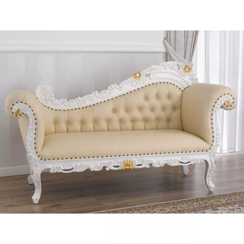 Alejandra Hand Carved Teak Wood Leatherette 3-Seater Chaise Longue Sofa Ivory and Gold Finish