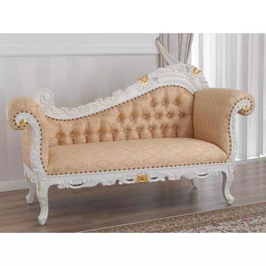 Alejandra Hand Carved Teak Wood 3-Seater Chaise Longue Sofa Gold Leaf ( Ivory )