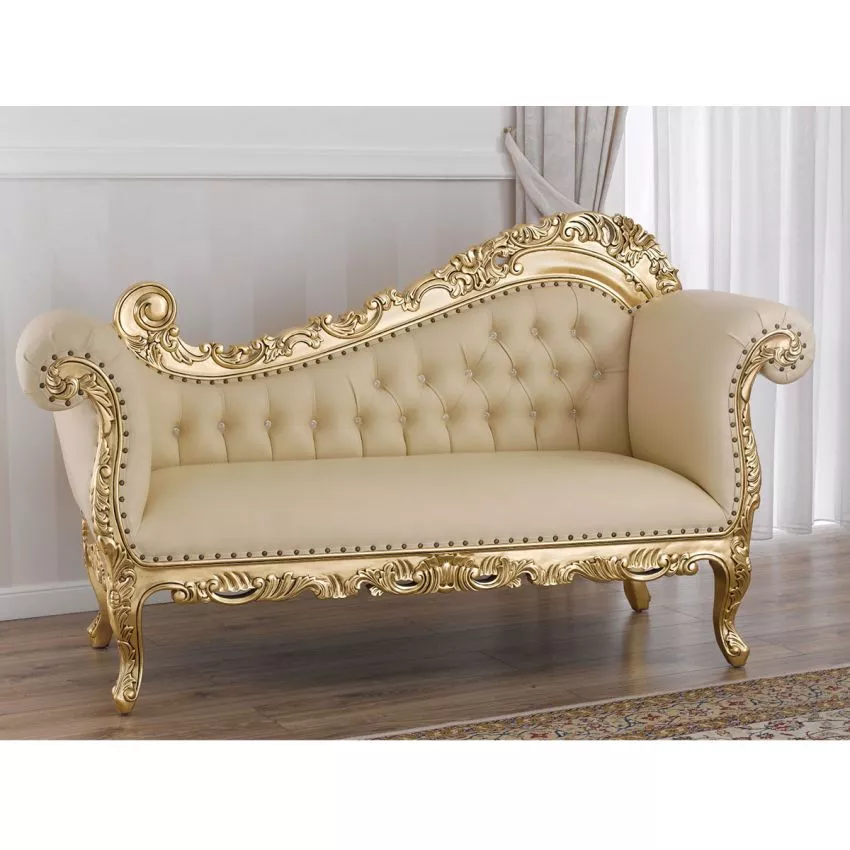 Alejandra Hand Carved Teak Wood Leatherette 3-Seater Chaise Longue Sofa ( Golden & Beige )