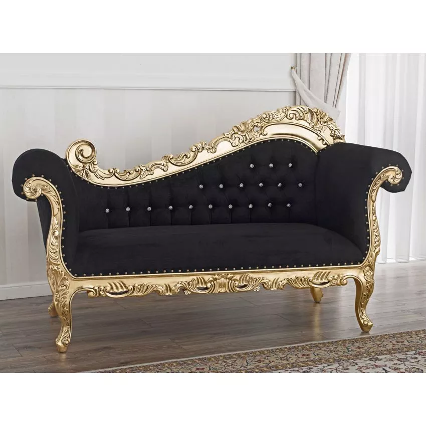 Alejandra Hand Carved Teak Wood 3-Seater Chaise Longue Gold Leaf Black Velvet Fabric