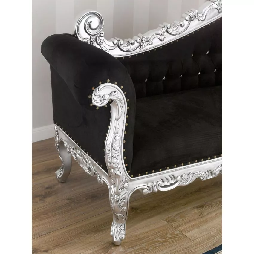 Alejandra Hand Carved Teak Wood 3-Seater Chaise Longue Silver Leaf Black Velvet Fabric - Image 2