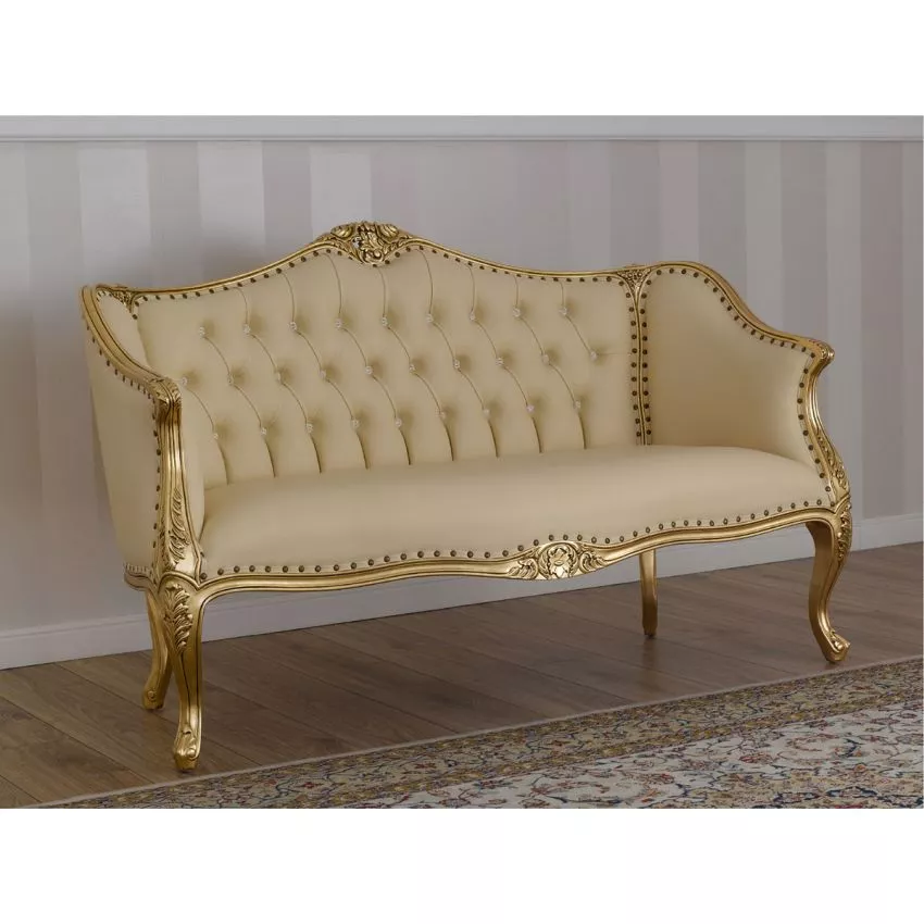 Megan French Baroque Style Teak Wood Button Tufted 2 Seater Chaise Lounge Sofa ( Beige )