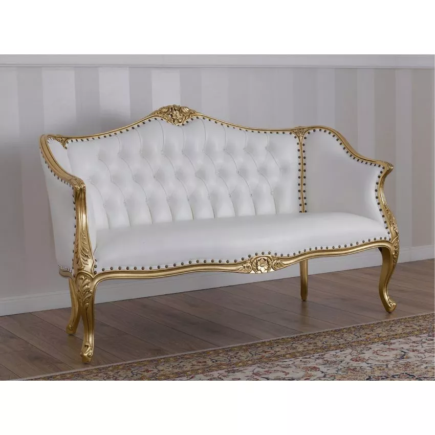 Megan French Baroque Style Teak Wood Button Tufted 2 Seater Chaise Lounge Sofa Golden Finish ( White )