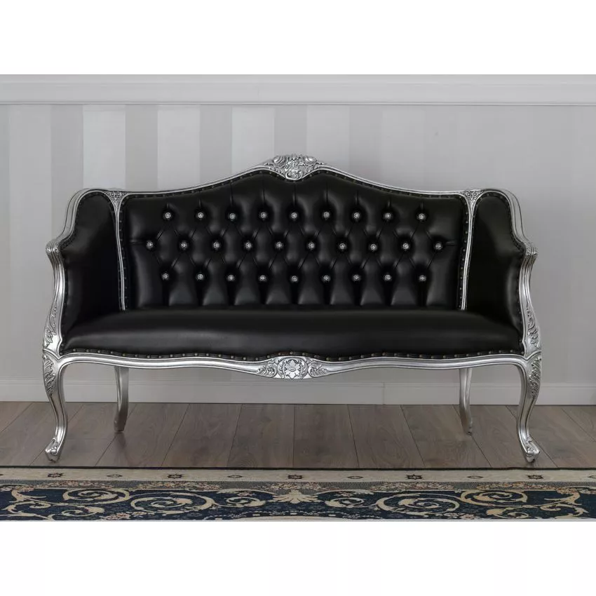 Megan French Baroque Style Teak Wood Button Tufted 2 Seater Chaise Lounge Sofa Silver Finish ( Black ) - Image 2
